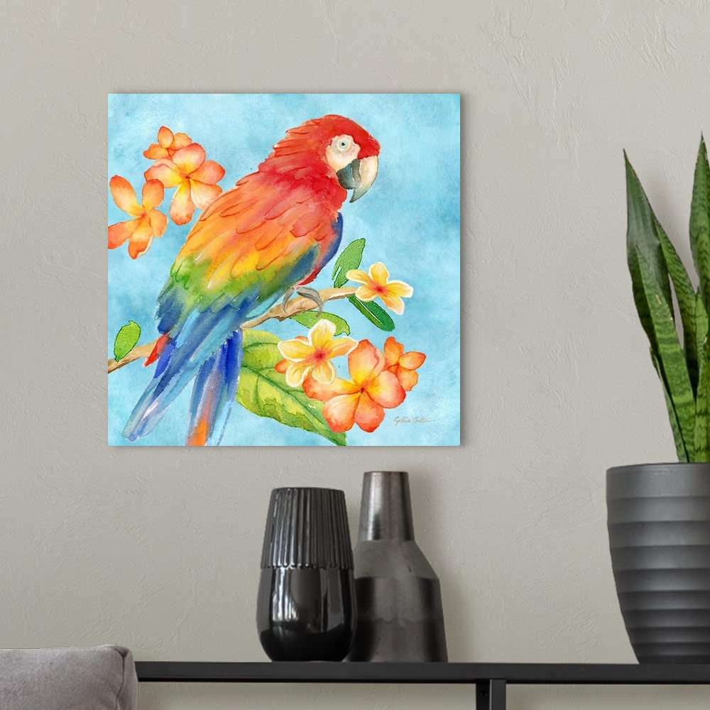 A modern room featuring A bright colored painting of a parrot on a flower covered branch with a blue background.