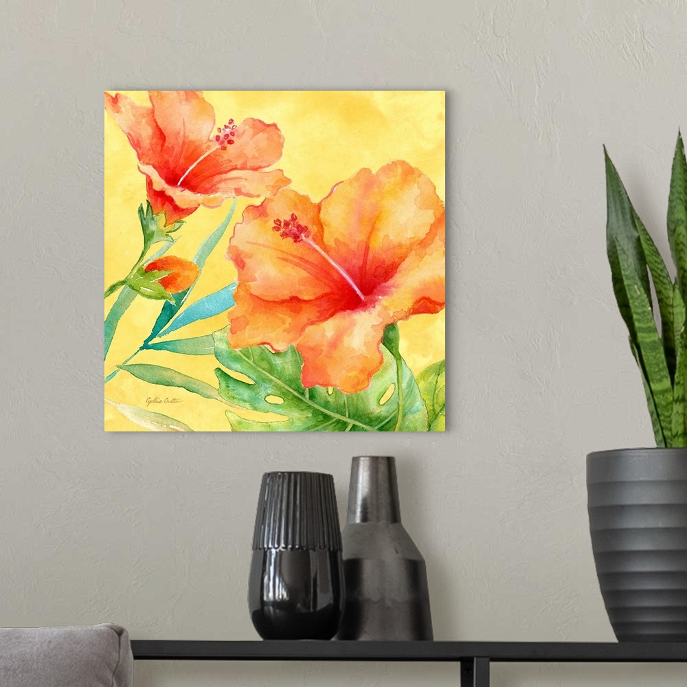 A modern room featuring A bright colored painting of orange hibiscus flowers with a yellow background.