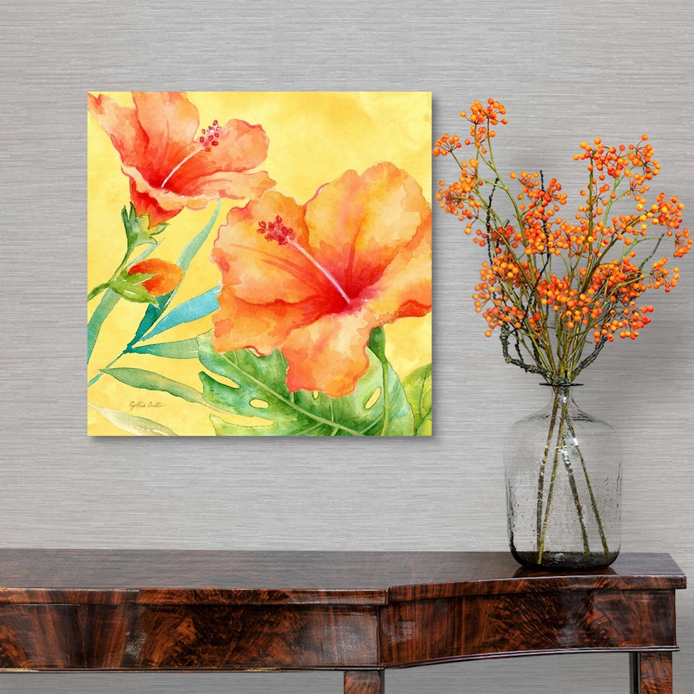 A traditional room featuring A bright colored painting of orange hibiscus flowers with a yellow background.