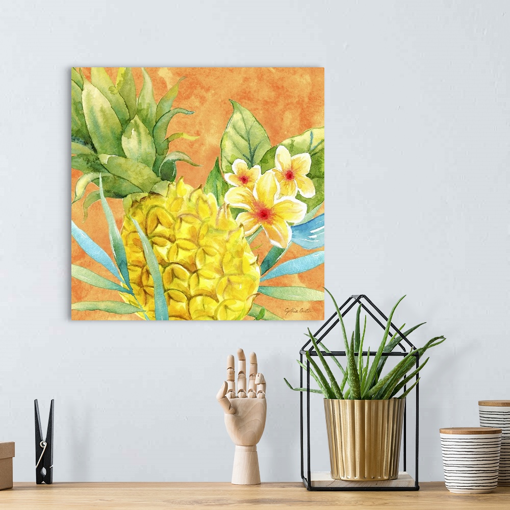 A bohemian room featuring A bright colored painting of a yellow pineapple with tropical flowers with an orange background.