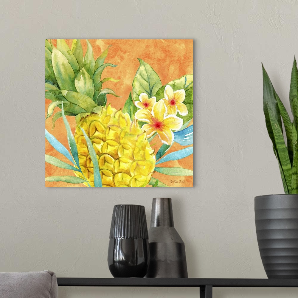 A modern room featuring A bright colored painting of a yellow pineapple with tropical flowers with an orange background.