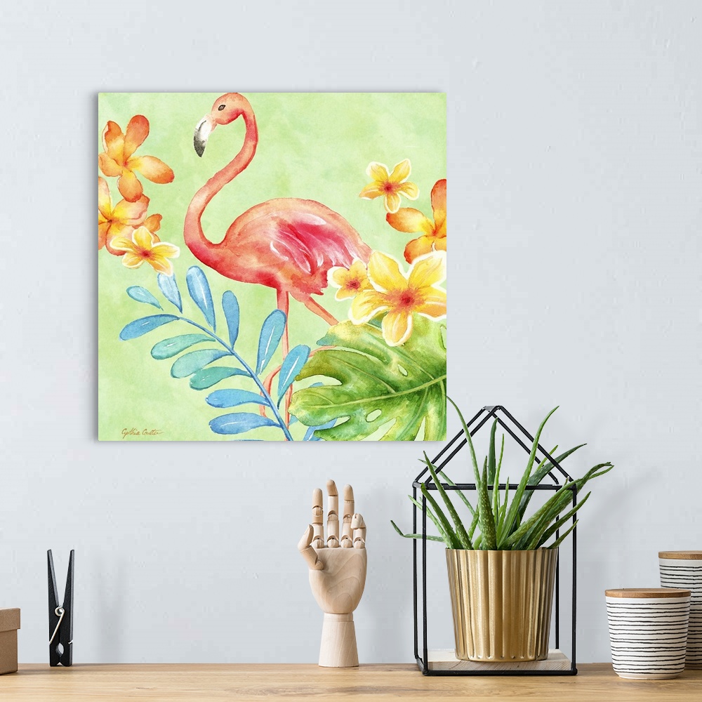 A bohemian room featuring A bright colored painting of a pink flamingo with tropical flowers with a green background.