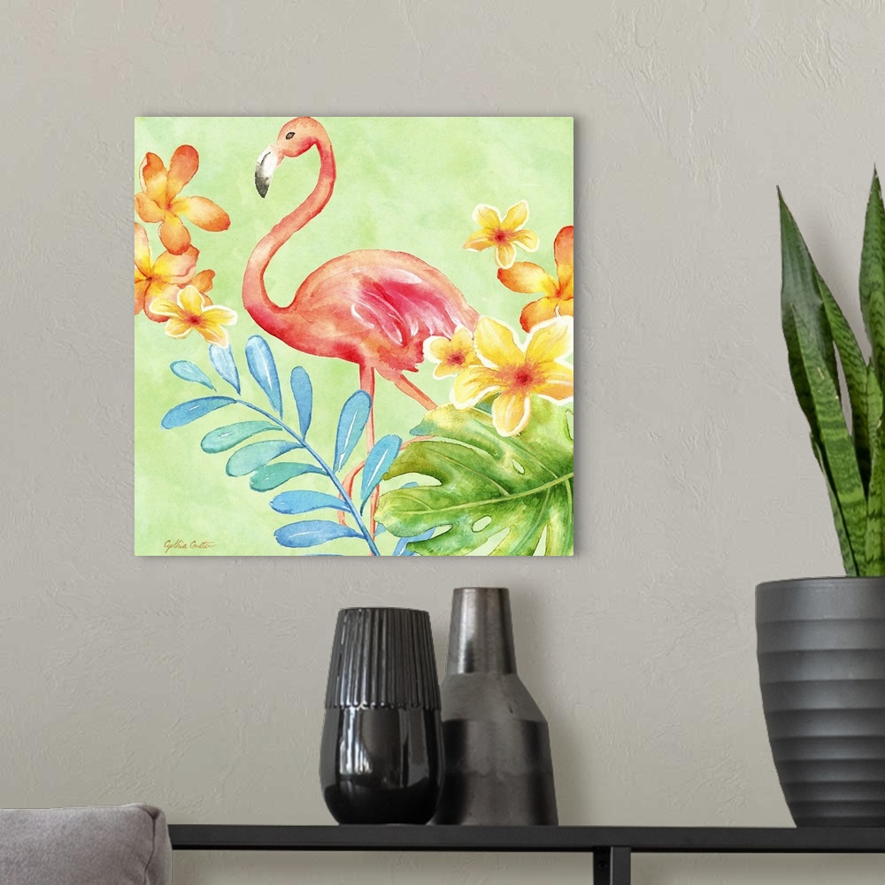 A modern room featuring A bright colored painting of a pink flamingo with tropical flowers with a green background.