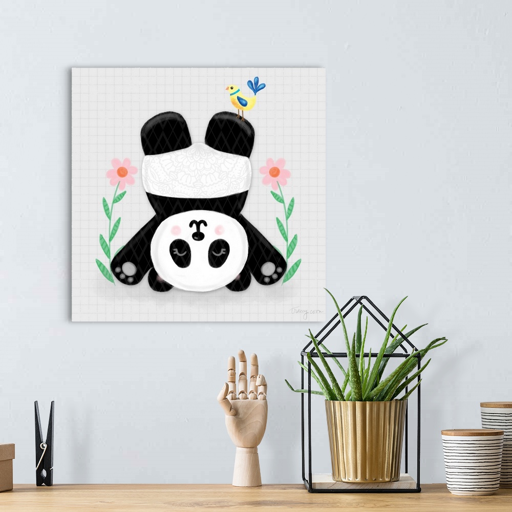 A bohemian room featuring A whimsical design of a black and white panda doing a headstand with flowers on a gray and black ...