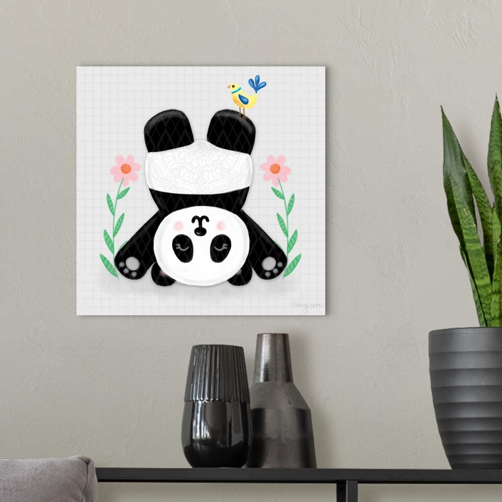 A modern room featuring A whimsical design of a black and white panda doing a headstand with flowers on a gray and black ...