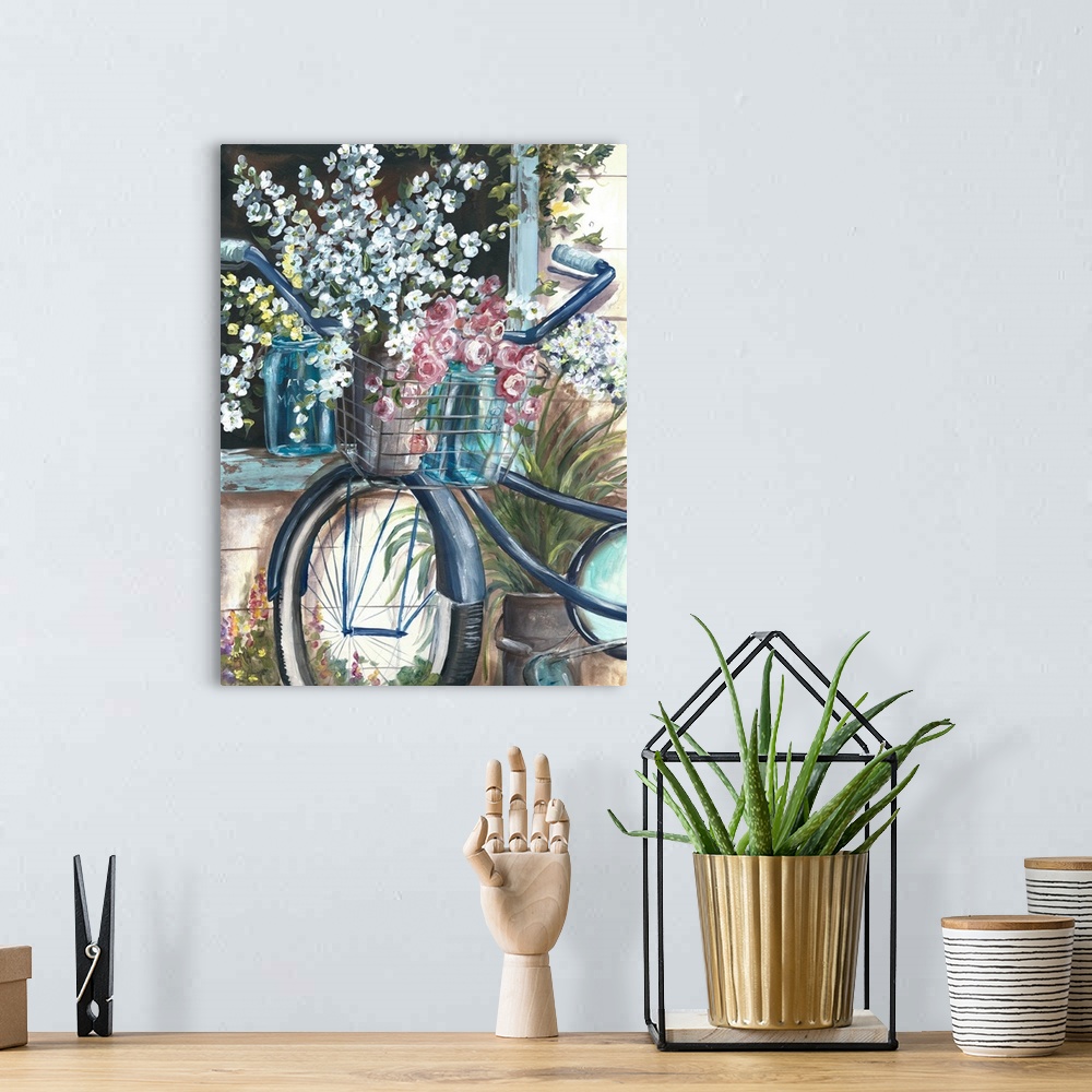 A bohemian room featuring Vertical contemporary painting of a blue bicycle leaning against a window, with summer flowers th...