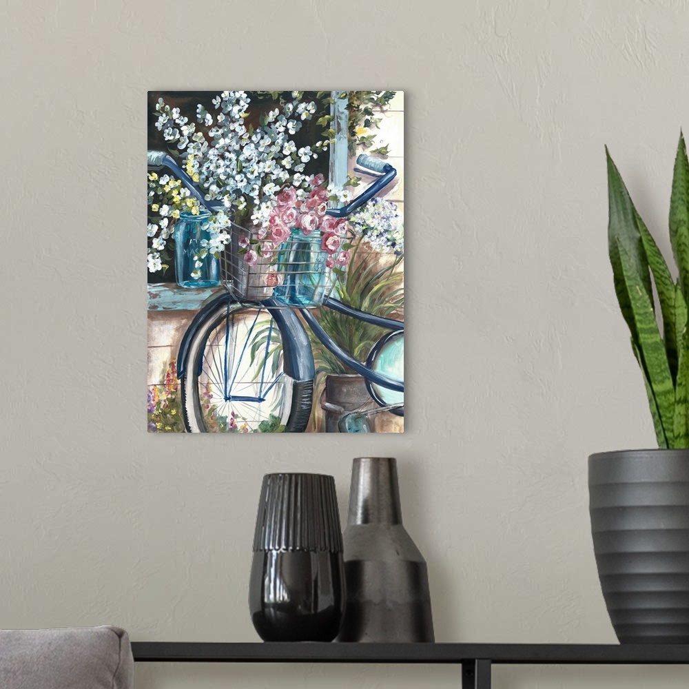 A modern room featuring Vertical contemporary painting of a blue bicycle leaning against a window, with summer flowers th...