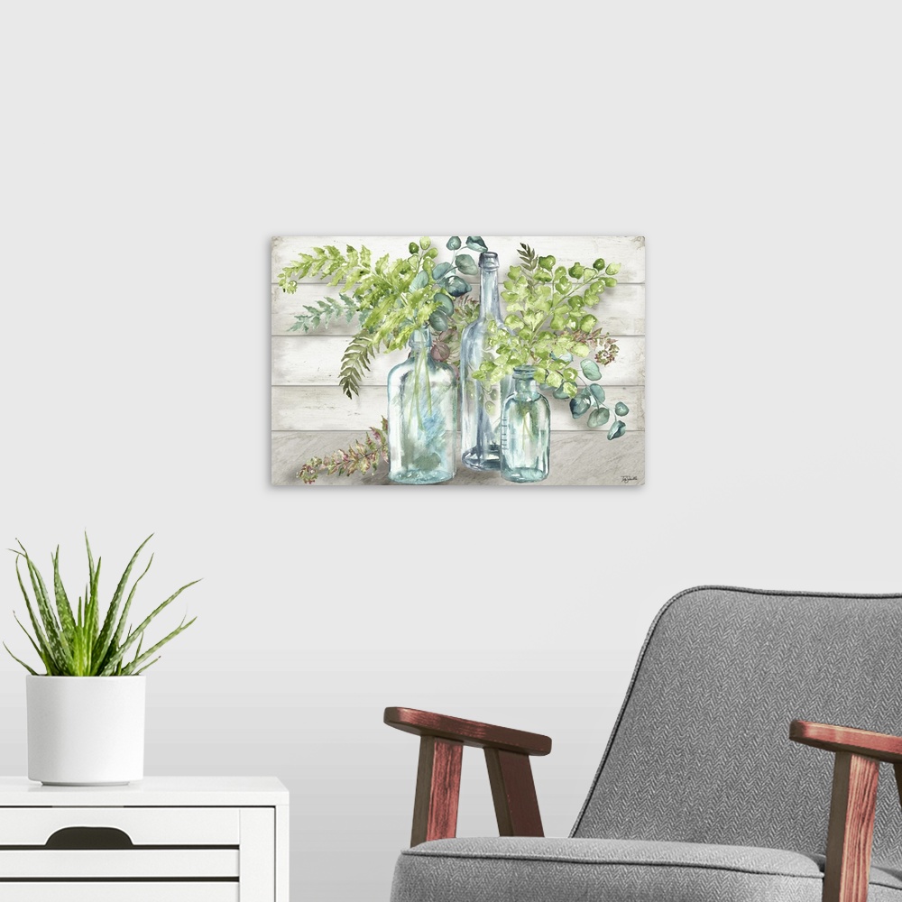 A modern room featuring A decorative watercolor painting of a glass mason jar full of ferns in subdue tones.