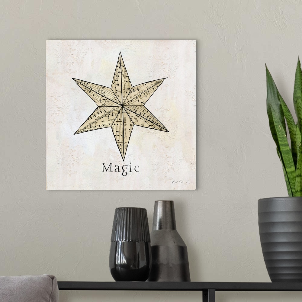 A modern room featuring "Magic" along with a star silhouette made of sheet music on a floral etched neutral background.
