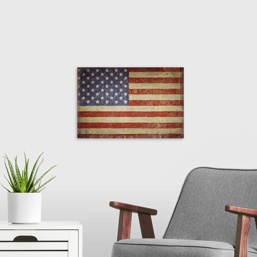 A modern room featuring The American flag with a distress appearance on wood planks.