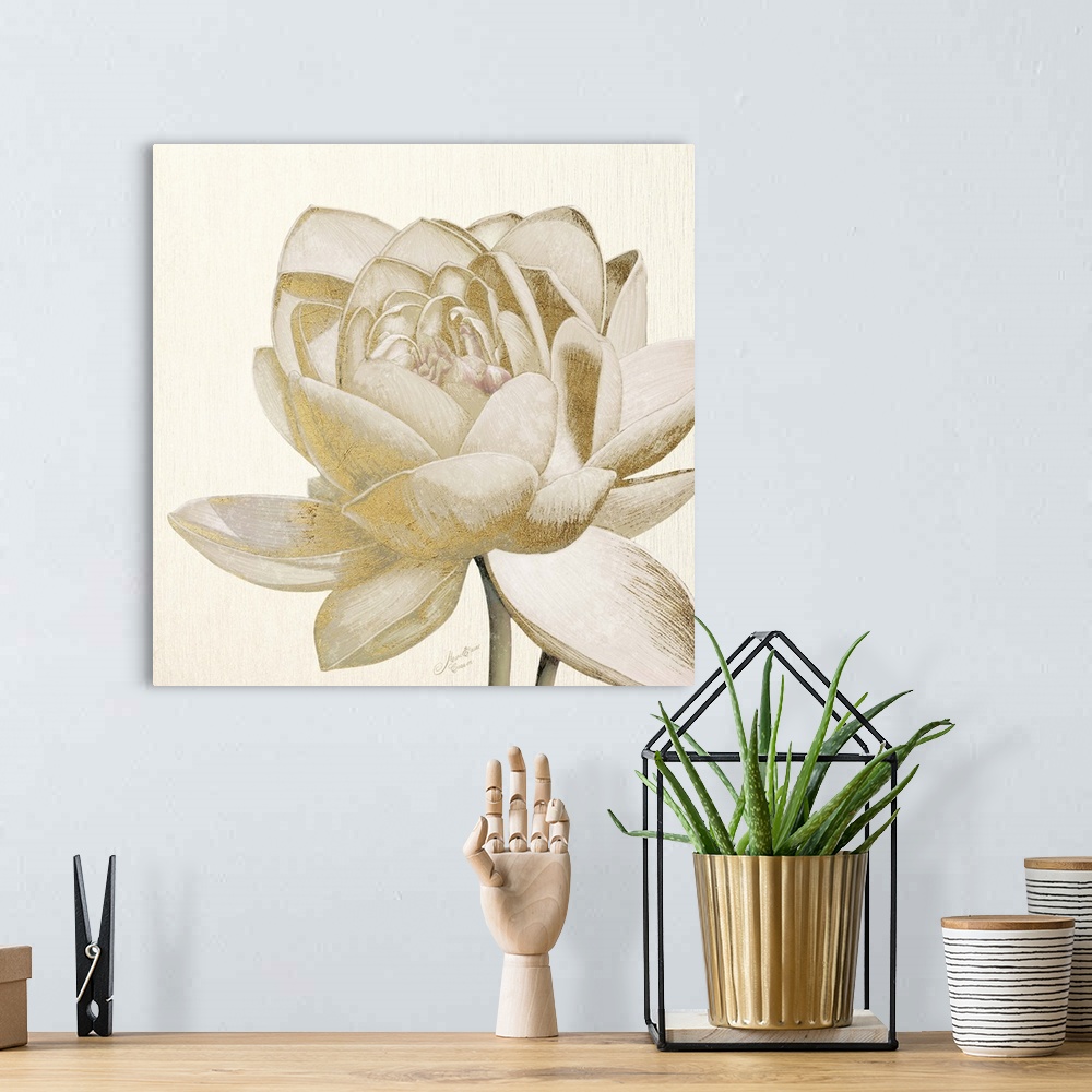 A bohemian room featuring Square decorative image of a large flower with metallic gold accents.