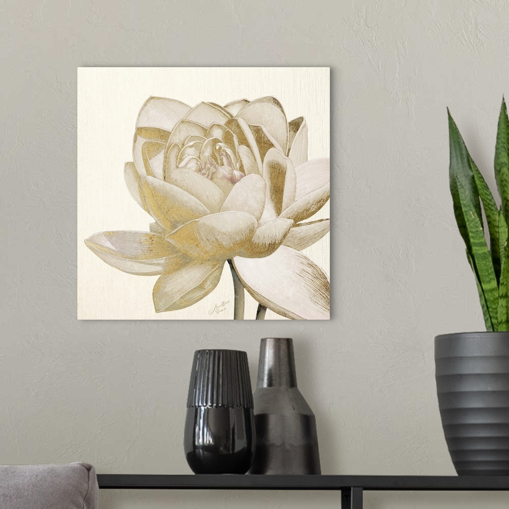 A modern room featuring Square decorative image of a large flower with metallic gold accents.
