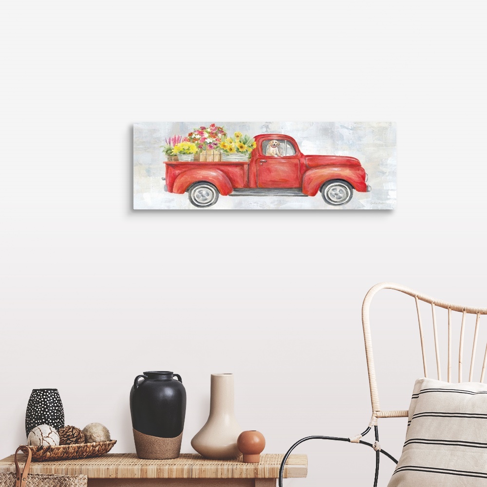 A farmhouse room featuring Vintage Red Truck Panel
