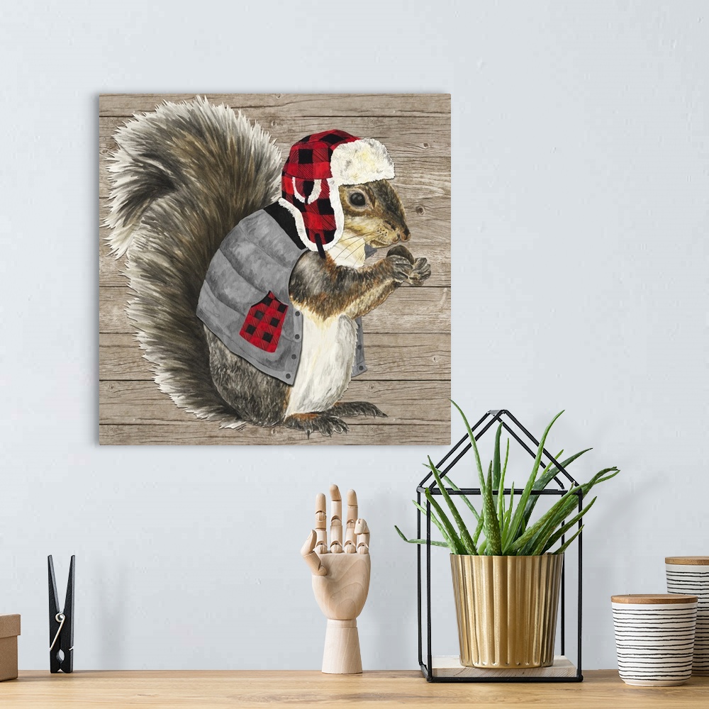 A bohemian room featuring Decorative image of a brown squirrel wearing a plaid cap and vest against a wood panel backdrop.
