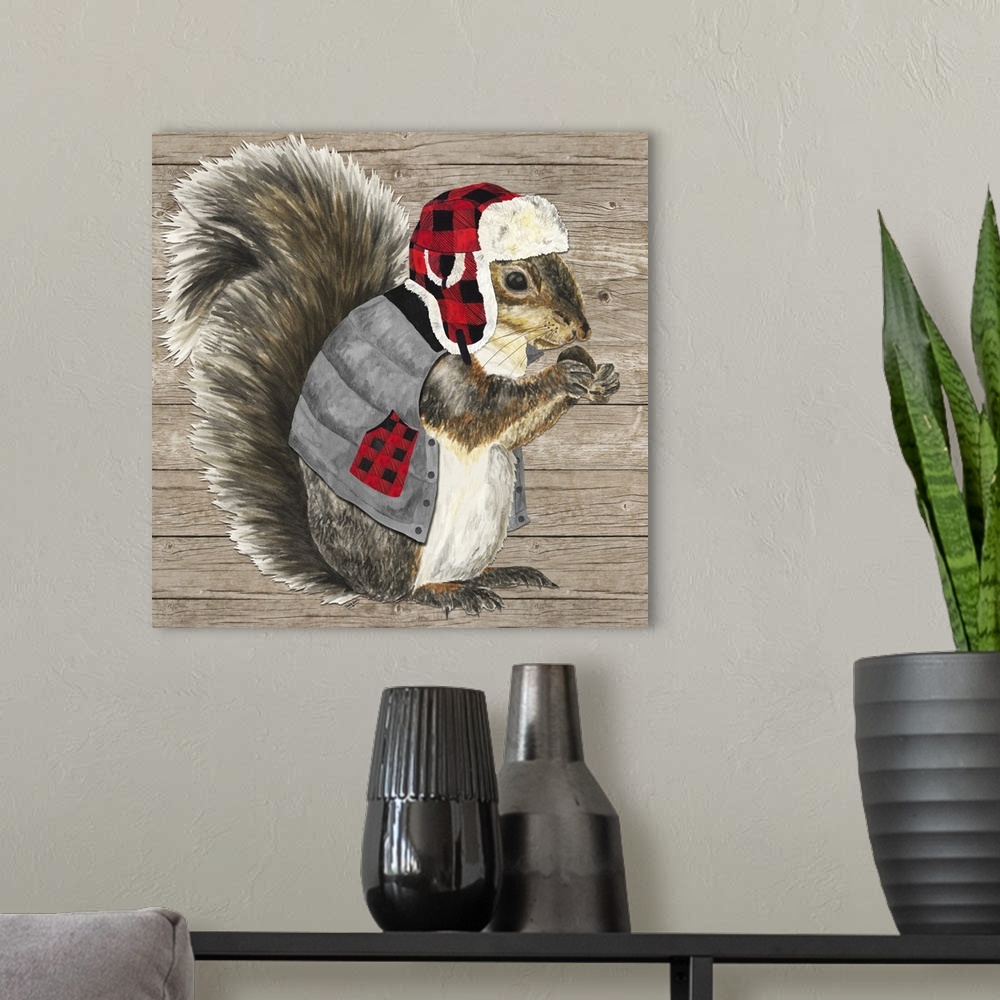 A modern room featuring Decorative image of a brown squirrel wearing a plaid cap and vest against a wood panel backdrop.