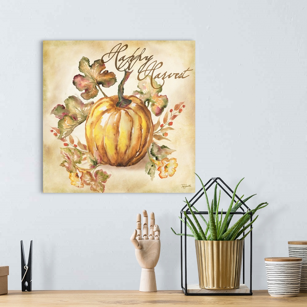 A bohemian room featuring Watercolor seasonal design of an orange pumpkin and leaves with the text "Happy Harvest".