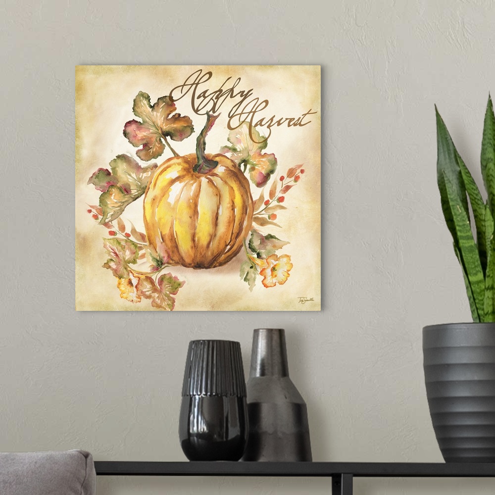 A modern room featuring Watercolor seasonal design of an orange pumpkin and leaves with the text "Happy Harvest".