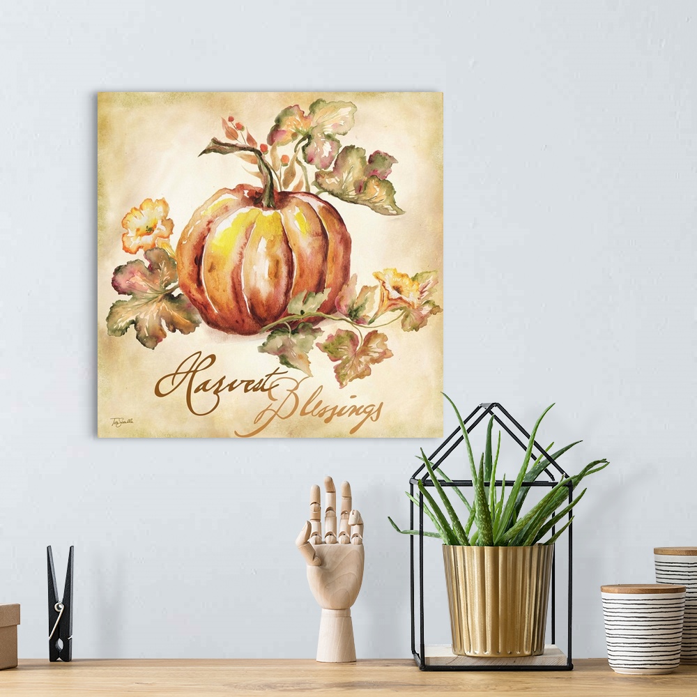A bohemian room featuring Watercolor seasonal design of an orange pumpkin and leaves with the text "Harvest Blessings".