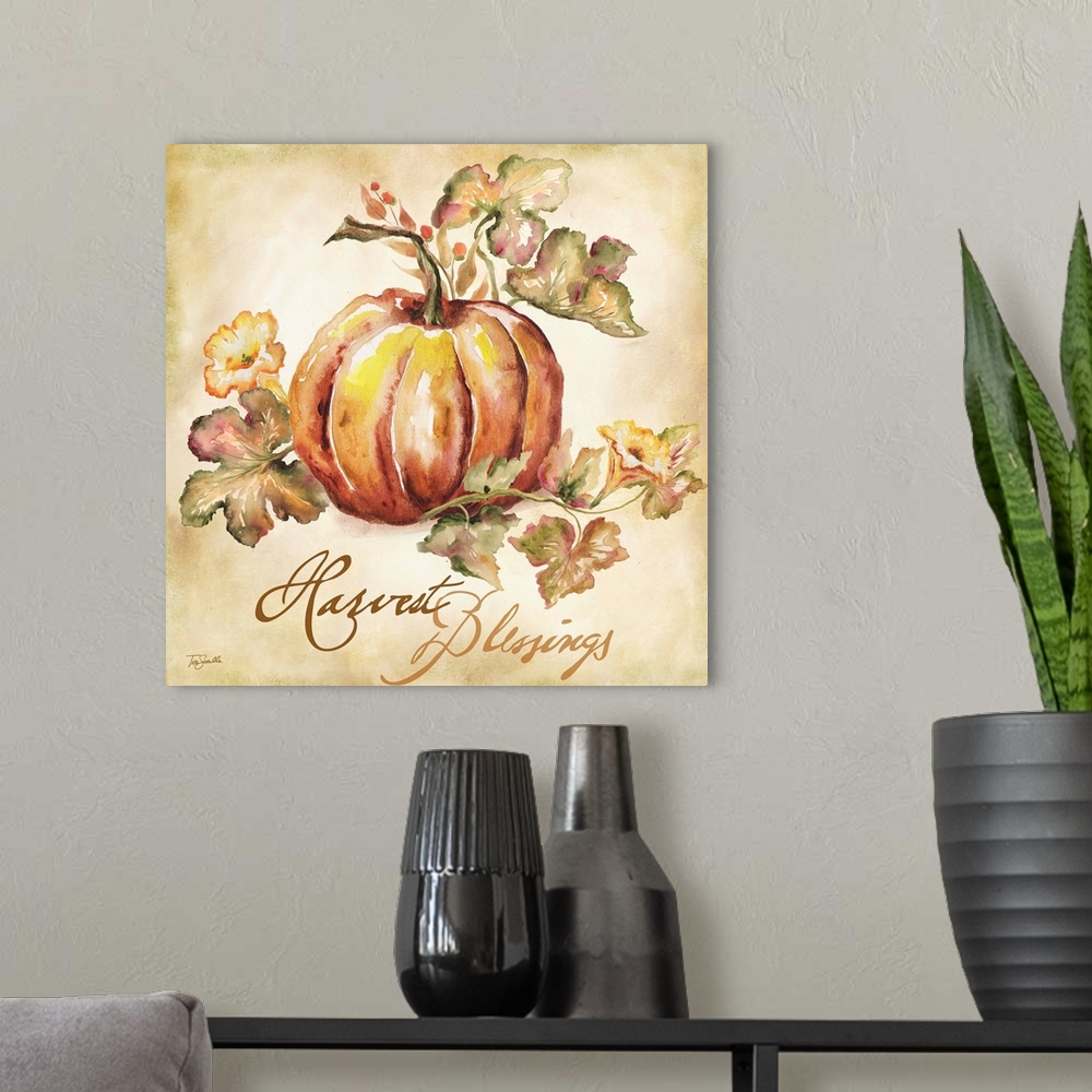 A modern room featuring Watercolor seasonal design of an orange pumpkin and leaves with the text "Harvest Blessings".