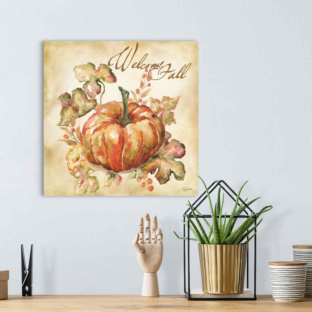 A bohemian room featuring Watercolor seasonal design of an orange pumpkin and leaves with the text "Welcome Fall".