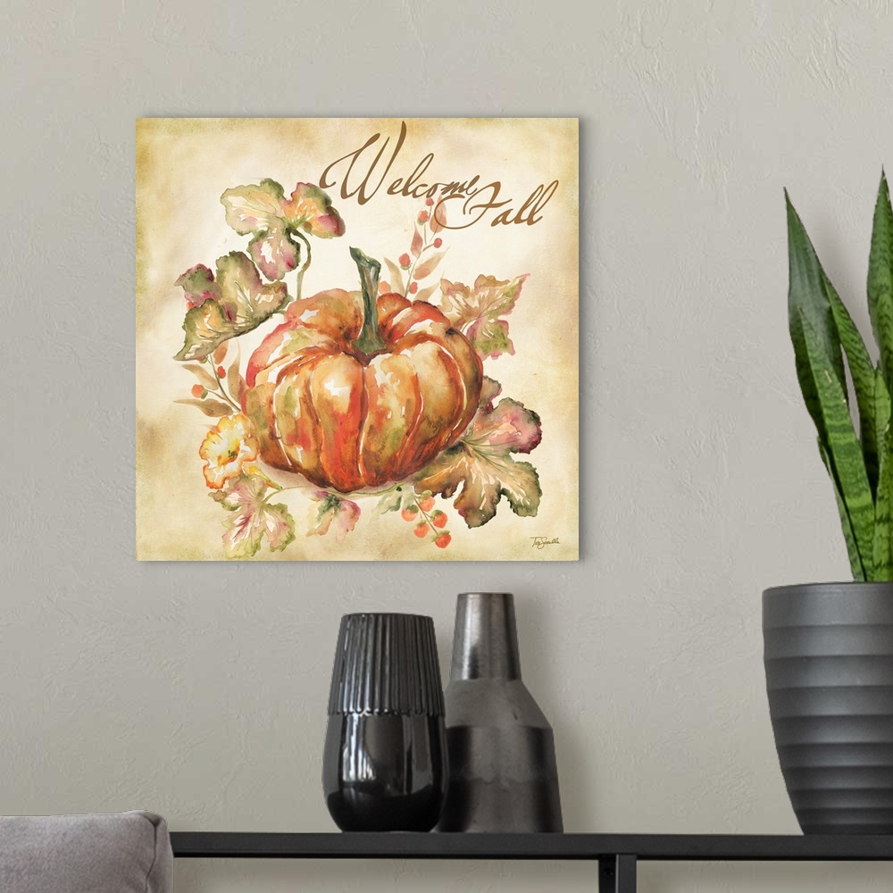 A modern room featuring Watercolor seasonal design of an orange pumpkin and leaves with the text "Welcome Fall".