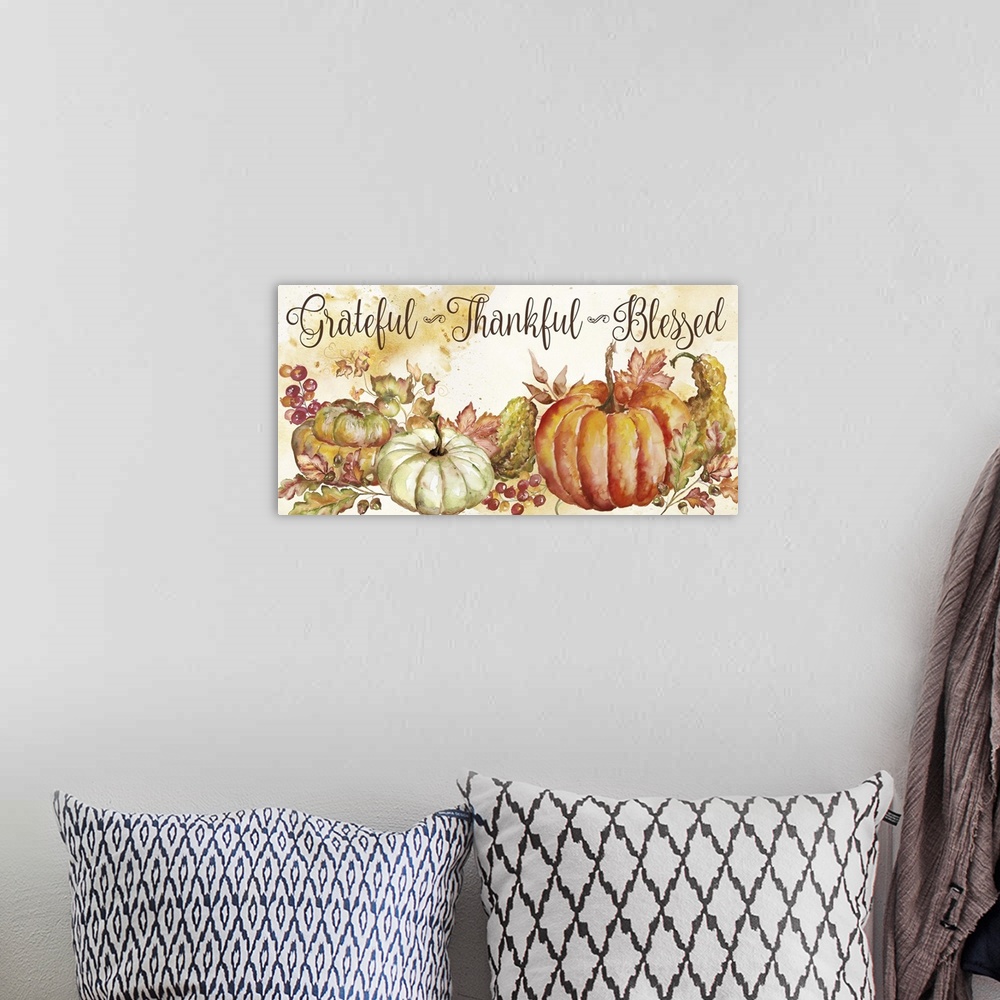 A bohemian room featuring Grateful, Thankful, Blessed on a watercolor painting of a group of pumpkins and gourds with autum...