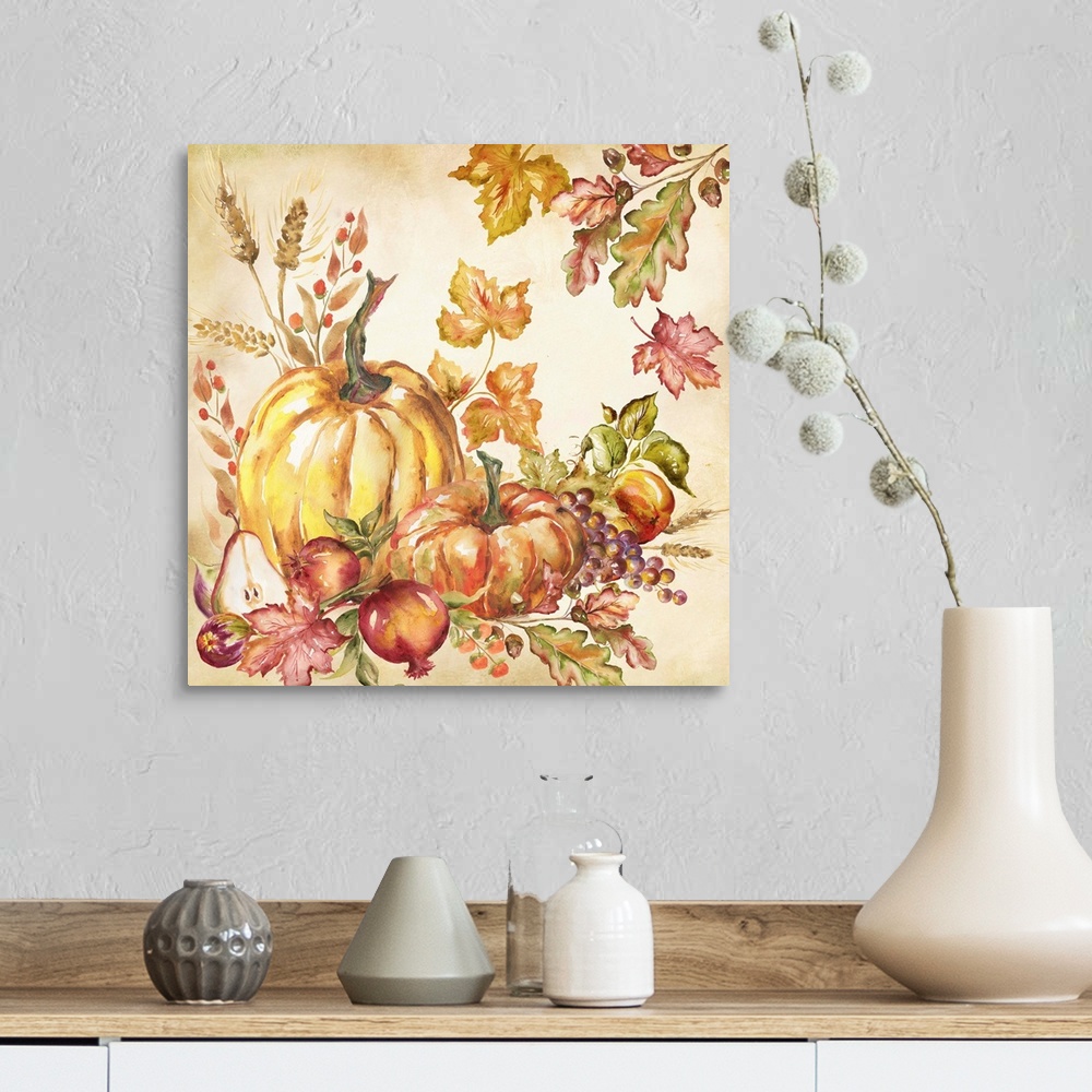 A farmhouse room featuring A watercolor painting of a group of pumpkins with autumn leaves in warm shades.