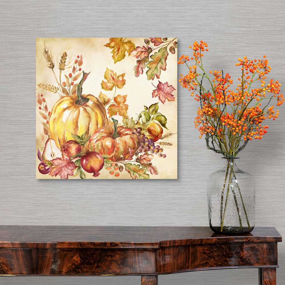 A traditional room featuring A watercolor painting of a group of pumpkins with autumn leaves in warm shades.