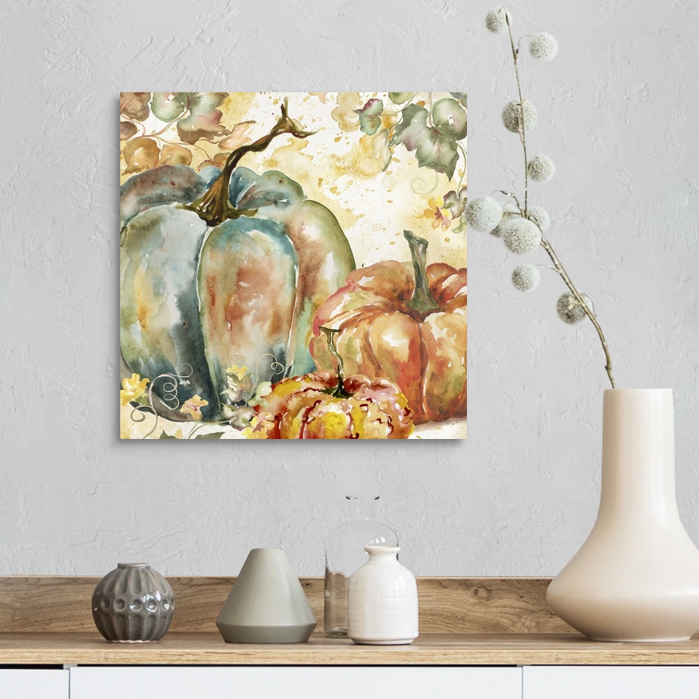 A farmhouse room featuring A watercolor painting of a group of pumpkins with autumn leaves in warm shades.