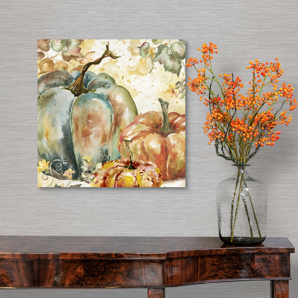 A traditional room featuring A watercolor painting of a group of pumpkins with autumn leaves in warm shades.