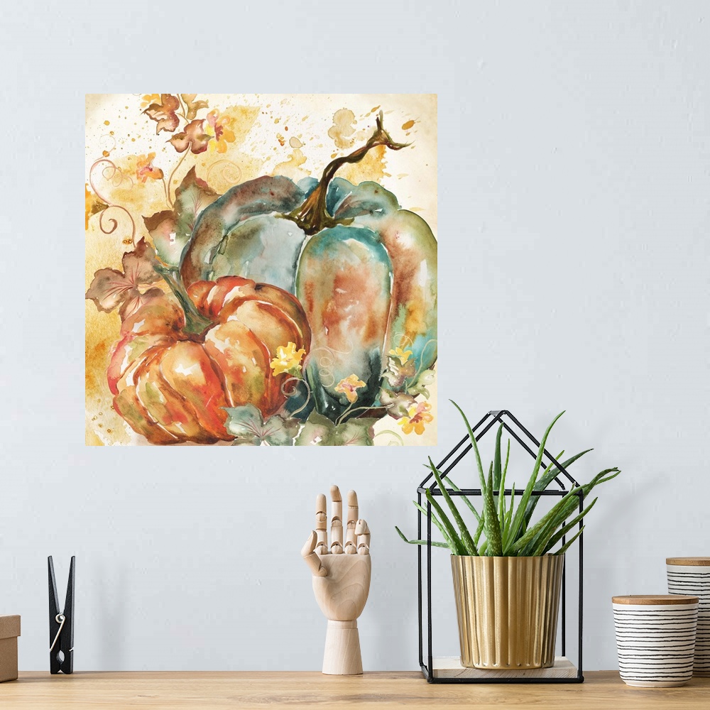 A bohemian room featuring A watercolor painting of a group of pumpkins with autumn leaves in warm shades.