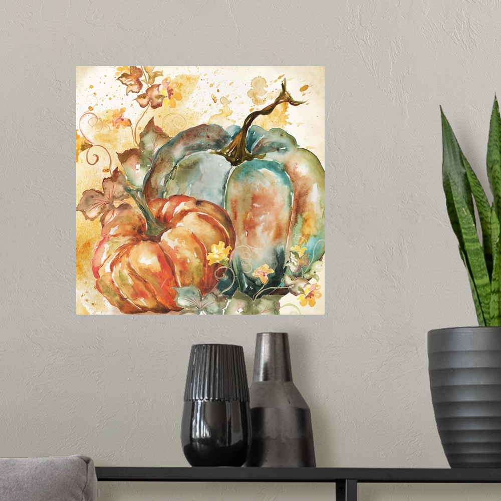A modern room featuring A watercolor painting of a group of pumpkins with autumn leaves in warm shades.