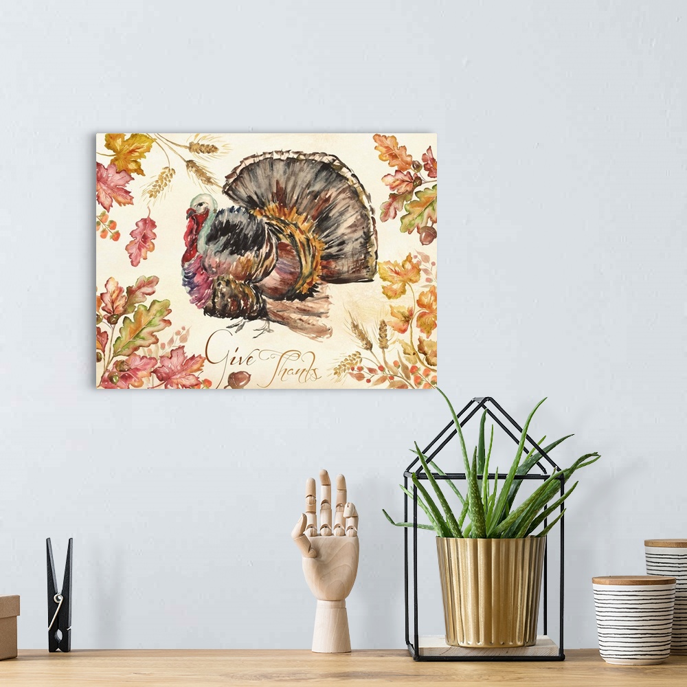 A bohemian room featuring A watercolor painting of a turkey with autumn leaves in warm shades.