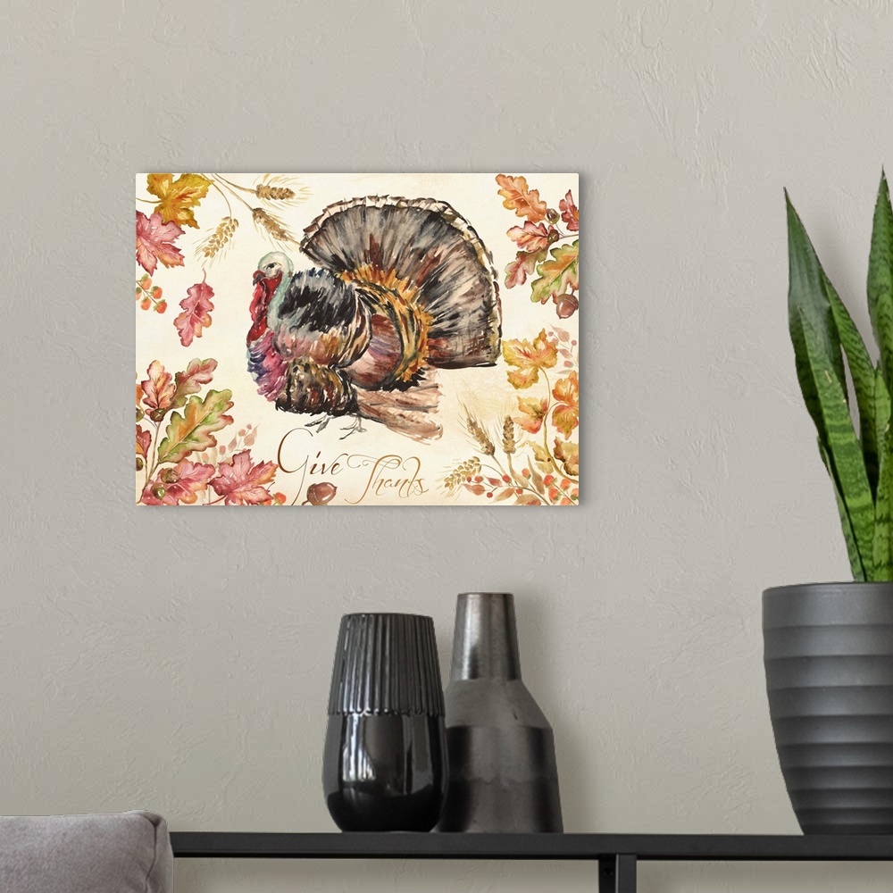 A modern room featuring A watercolor painting of a turkey with autumn leaves in warm shades.