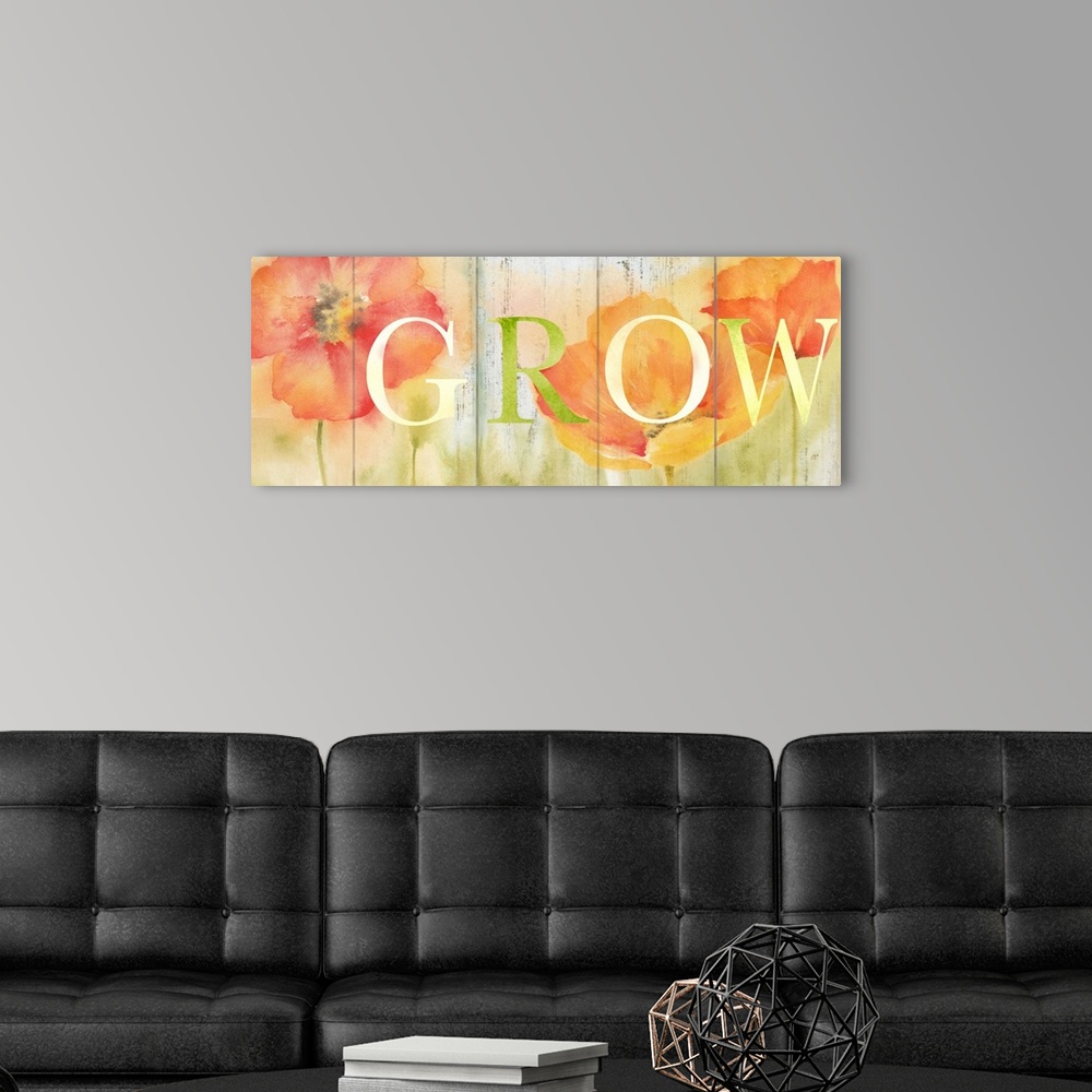 A modern room featuring "Grow" in white and green over a watercolor image of orange and red flowers with a wood plank app...