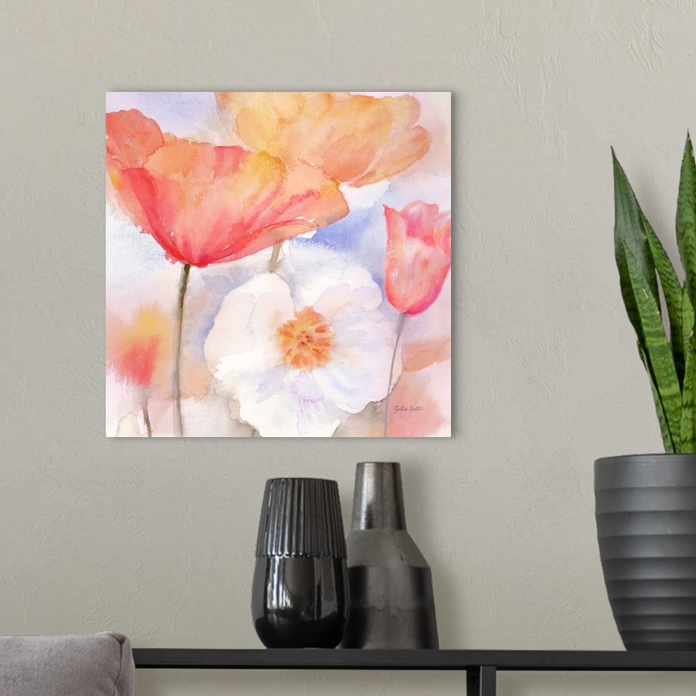 A modern room featuring Square watercolor painting of colorful poppies in washed, muted tones.
