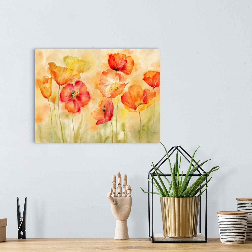 A bohemian room featuring A bright watercolor painting of red, orange and yellow poppies against a faded orange and green b...