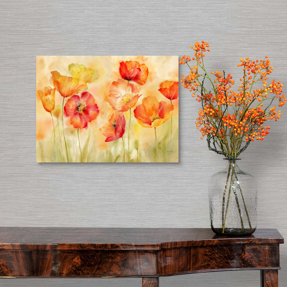 A traditional room featuring A bright watercolor painting of red, orange and yellow poppies against a faded orange and green b...