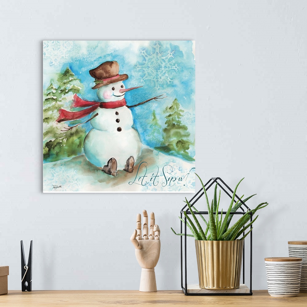 A bohemian room featuring A decorative watercolor image of a snowman in a forest with snowflakes in the sky and the text "L...
