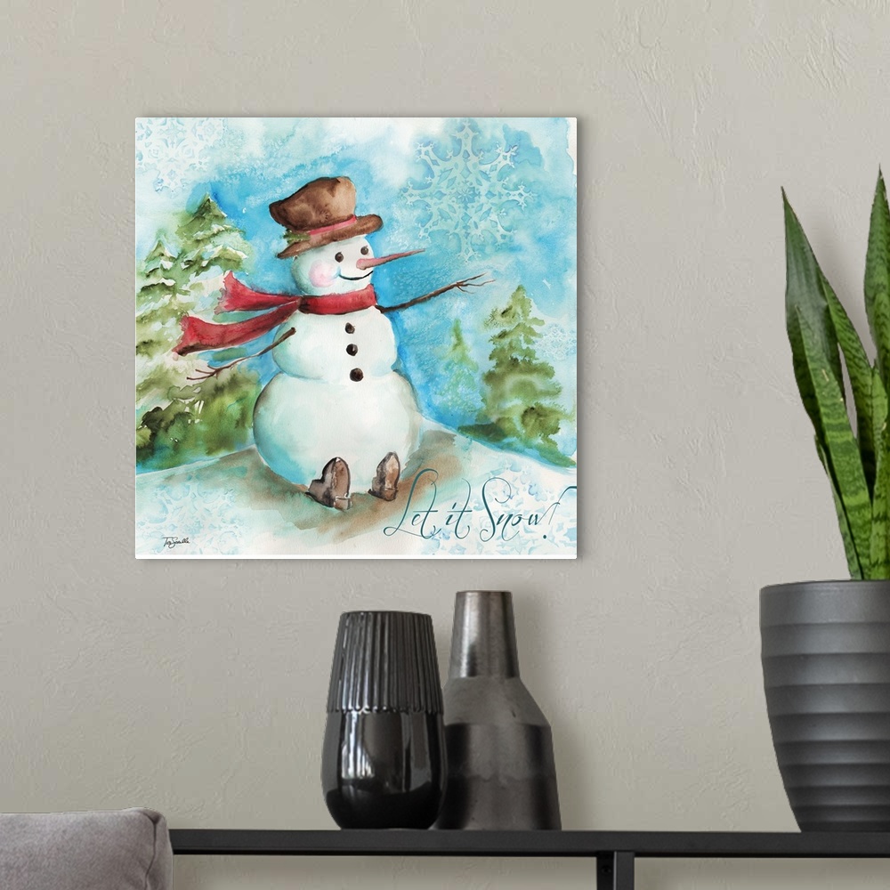 A modern room featuring A decorative watercolor image of a snowman in a forest with snowflakes in the sky and the text "L...