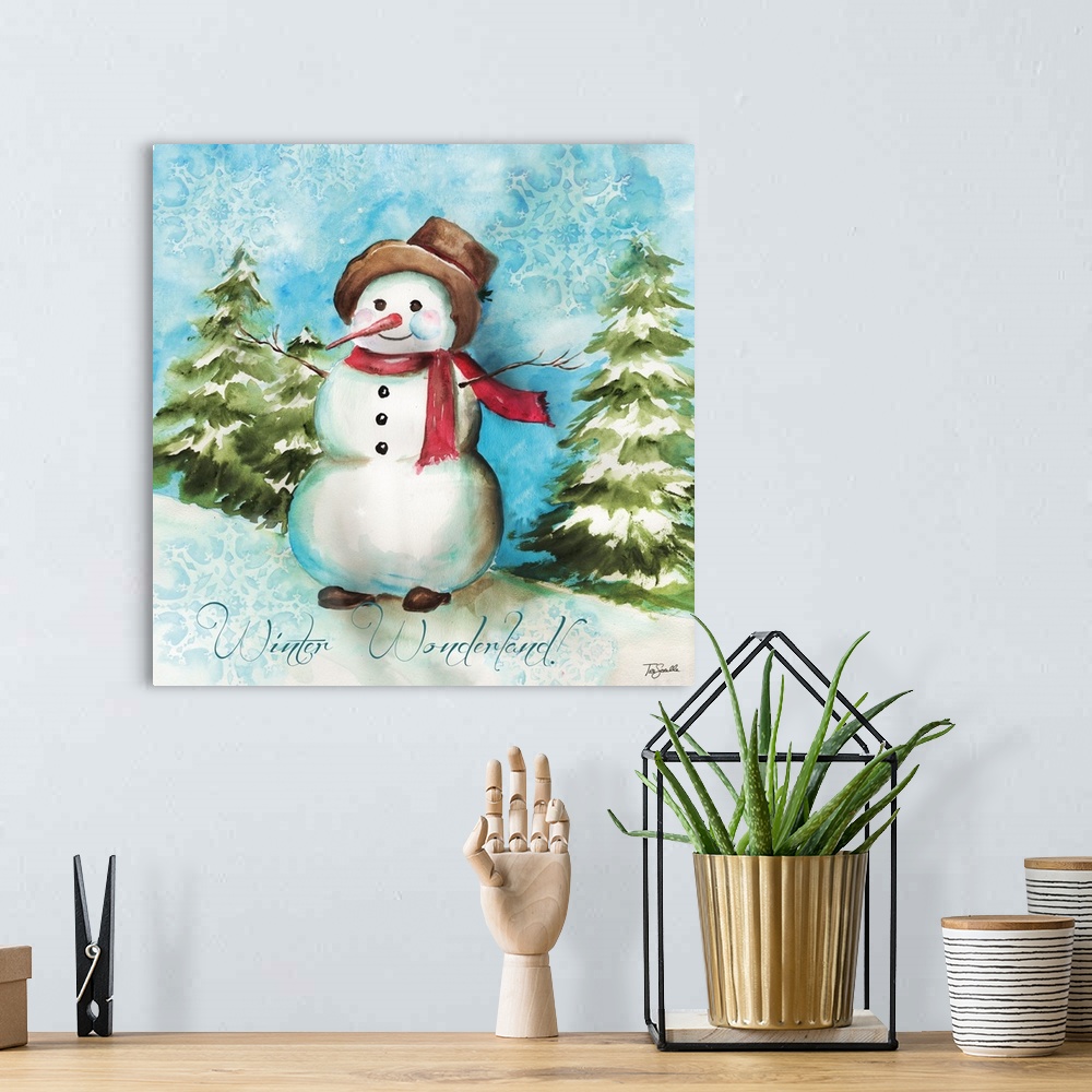 A bohemian room featuring A decorative watercolor image of a snowman in a forest with snowflakes in the sky and the text "W...