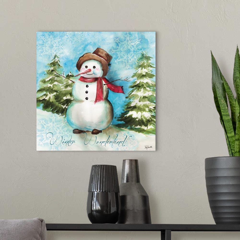 A modern room featuring A decorative watercolor image of a snowman in a forest with snowflakes in the sky and the text "W...