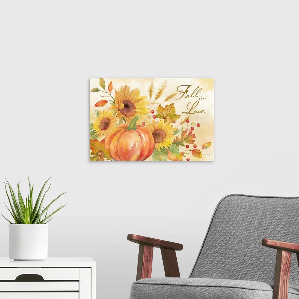 A modern room featuring "Fall Love" with a pumpkin and autumn flowers in warm shades.