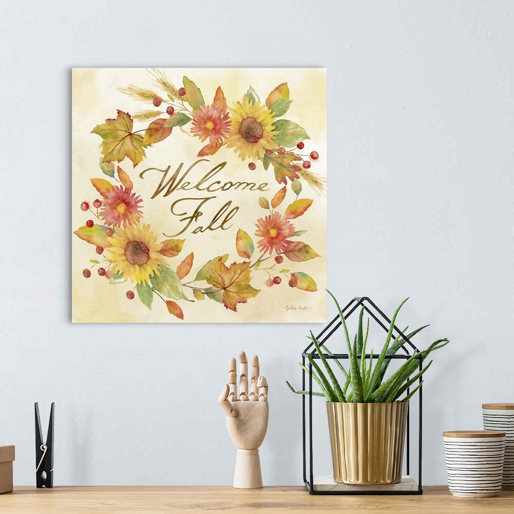 A bohemian room featuring "Welcome Fall" with wreath of autumn flowers and leaves in warm shades.