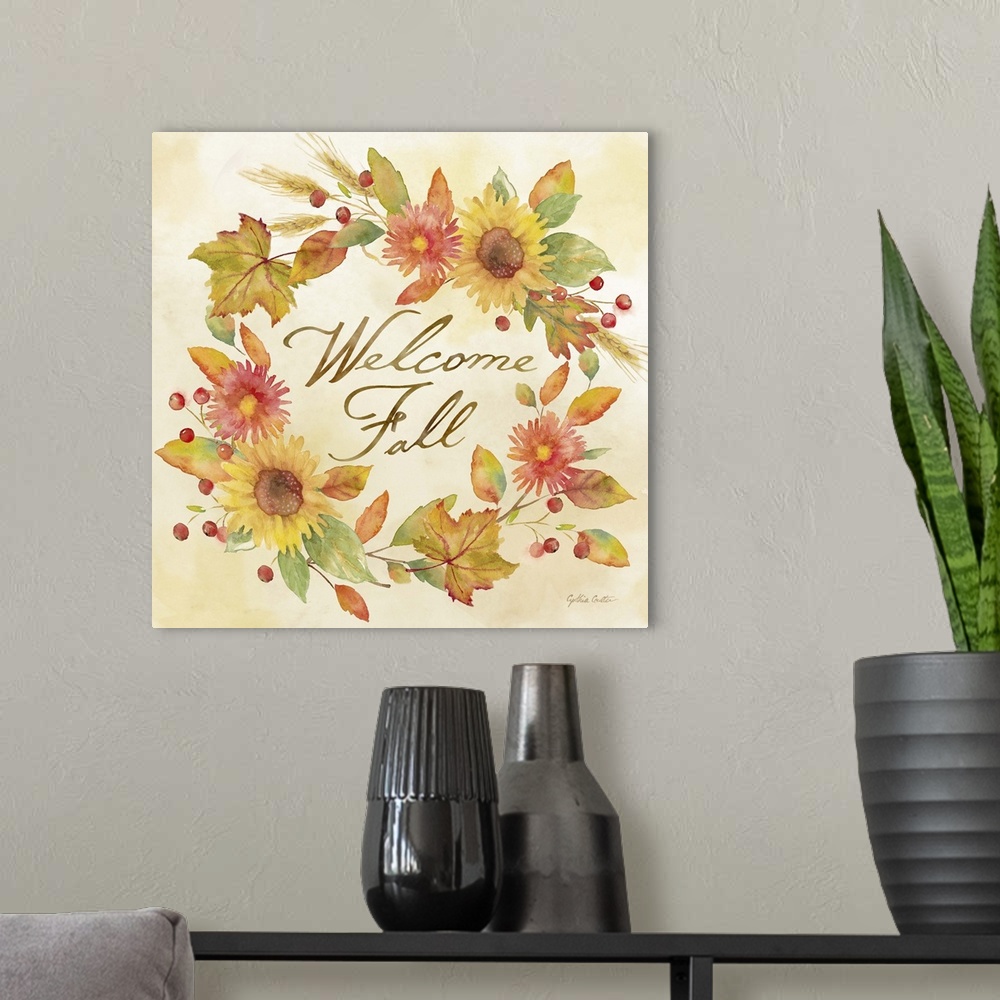 A modern room featuring "Welcome Fall" with wreath of autumn flowers and leaves in warm shades.