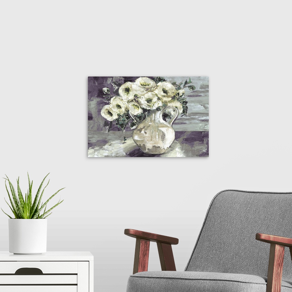 A modern room featuring A decorative painting of a pitcher full of white flowers in subdue tones.