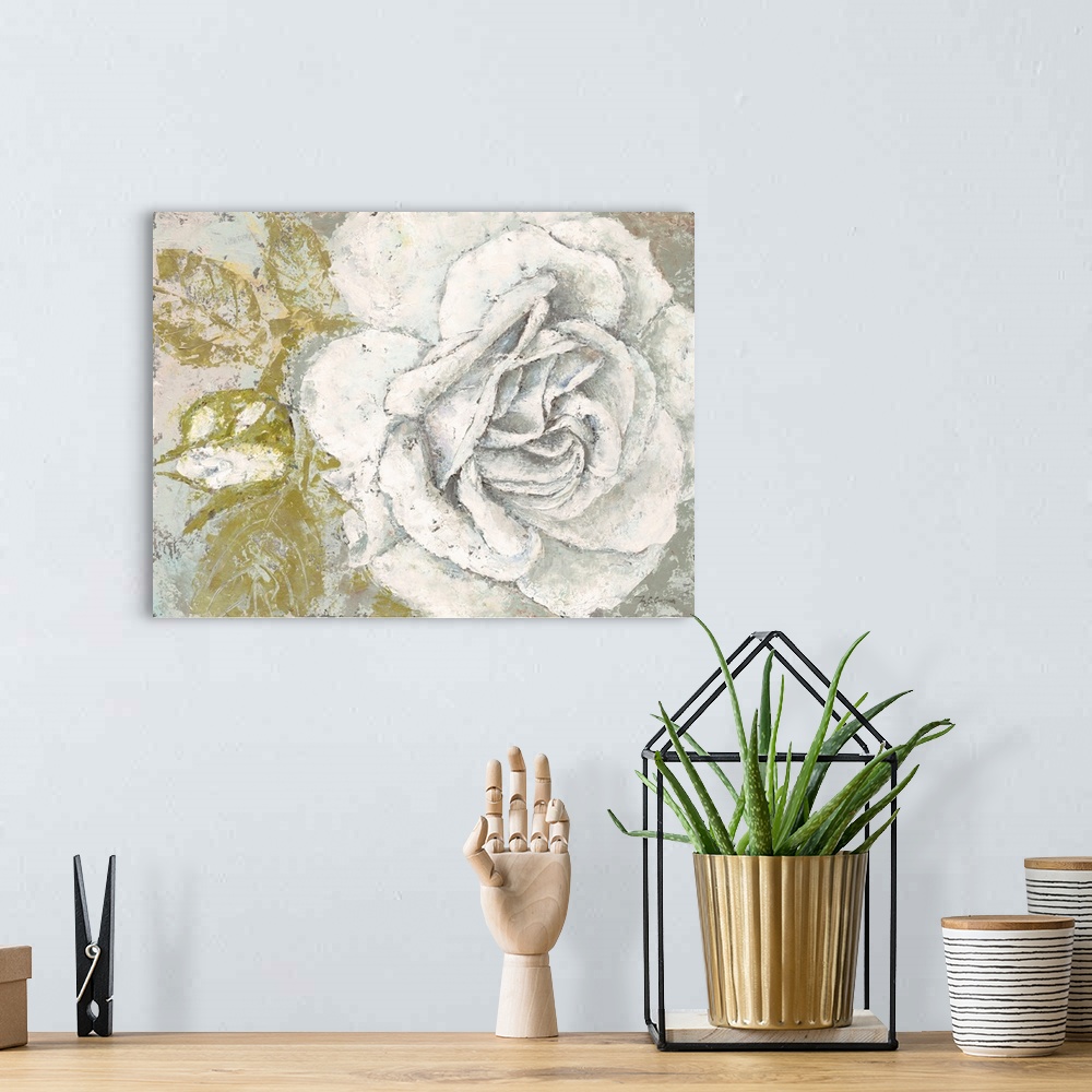 A bohemian room featuring A contemporary textured painting of a large white rose and green leaves with a gray background.