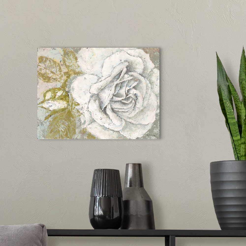 A modern room featuring A contemporary textured painting of a large white rose and green leaves with a gray background.