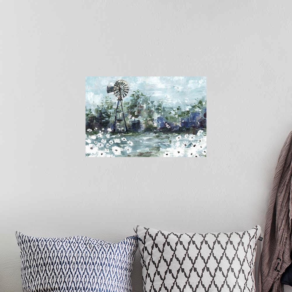 A bohemian room featuring An abstract landscape of a field of daisies and a windmill.