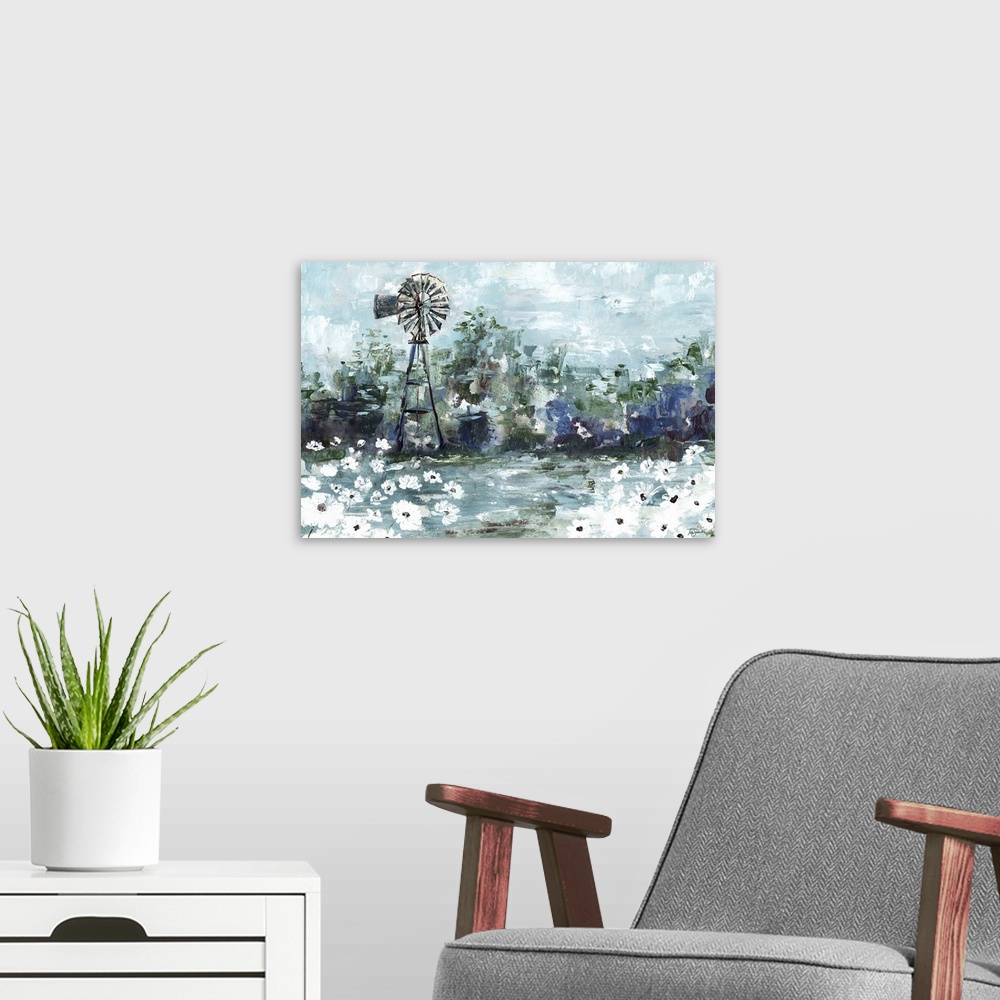 A modern room featuring An abstract landscape of a field of daisies and a windmill.